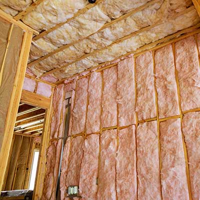 Pink-ish insulation stuffed in the wooden walls of an attic space
