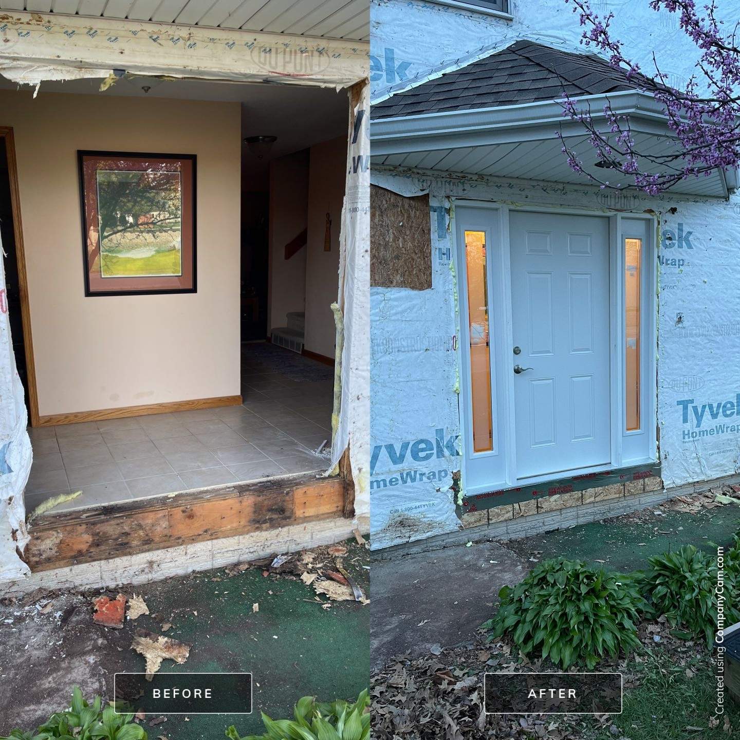 Before and after image of a newly installed white door on home
