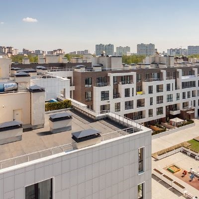 View of commercial buildings within a community