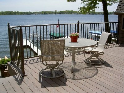 Wide view of tan Westbury Railings decking